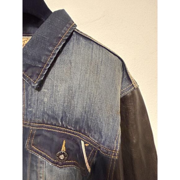 Cult of Individuality Denim Jacket Mens 2XL Leather Sleeves Trucker 628-255A - Picture 9 of 16